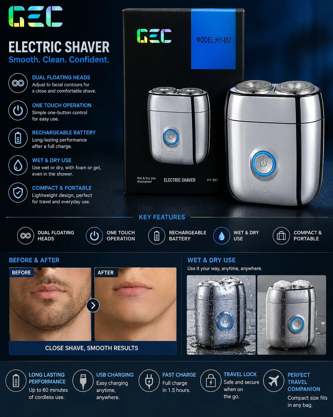 GEC Rechargeable Electric Shaver (Wet & Dry)